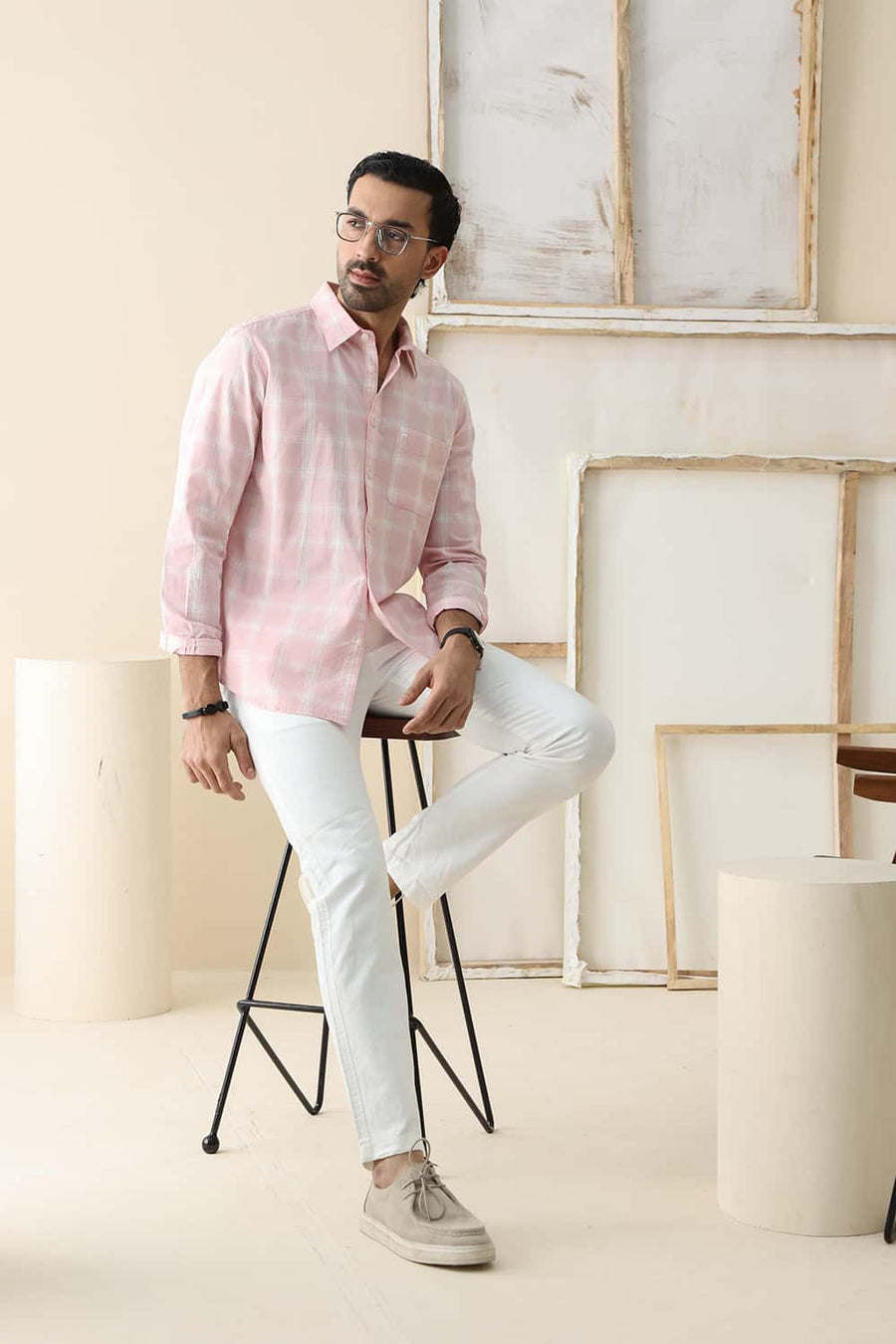 Basics Slim Fit Barley Pink Cotton Dobby Checks Shirt