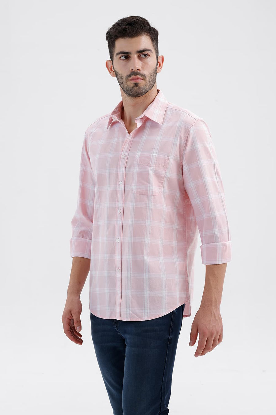 BASICS SLIM FIT BARLEY PINK COTTON DOBBY CHECKS SHIRT