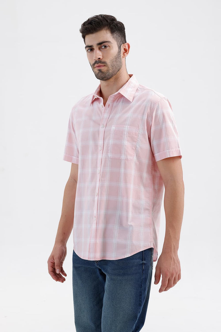 BASICS SLIM FIT BARLEY PINK COTTON DOBBY CHECKS HALFSLEEVES SHIRT