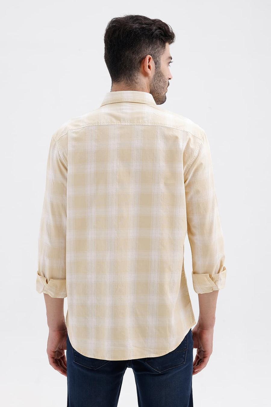 BASICS SLIM FIT BEIGE MIST COTTON DOBBY CHECKS SHIRT