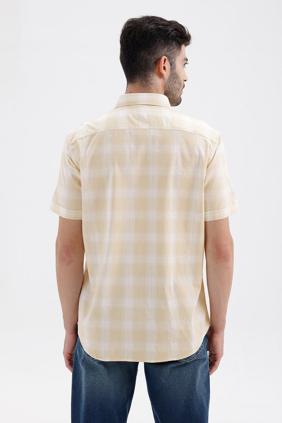 BASICS SLIM FIT BEIGE MIST COTTON DOBBY CHECKS HALFSLEEVES SHIRT
