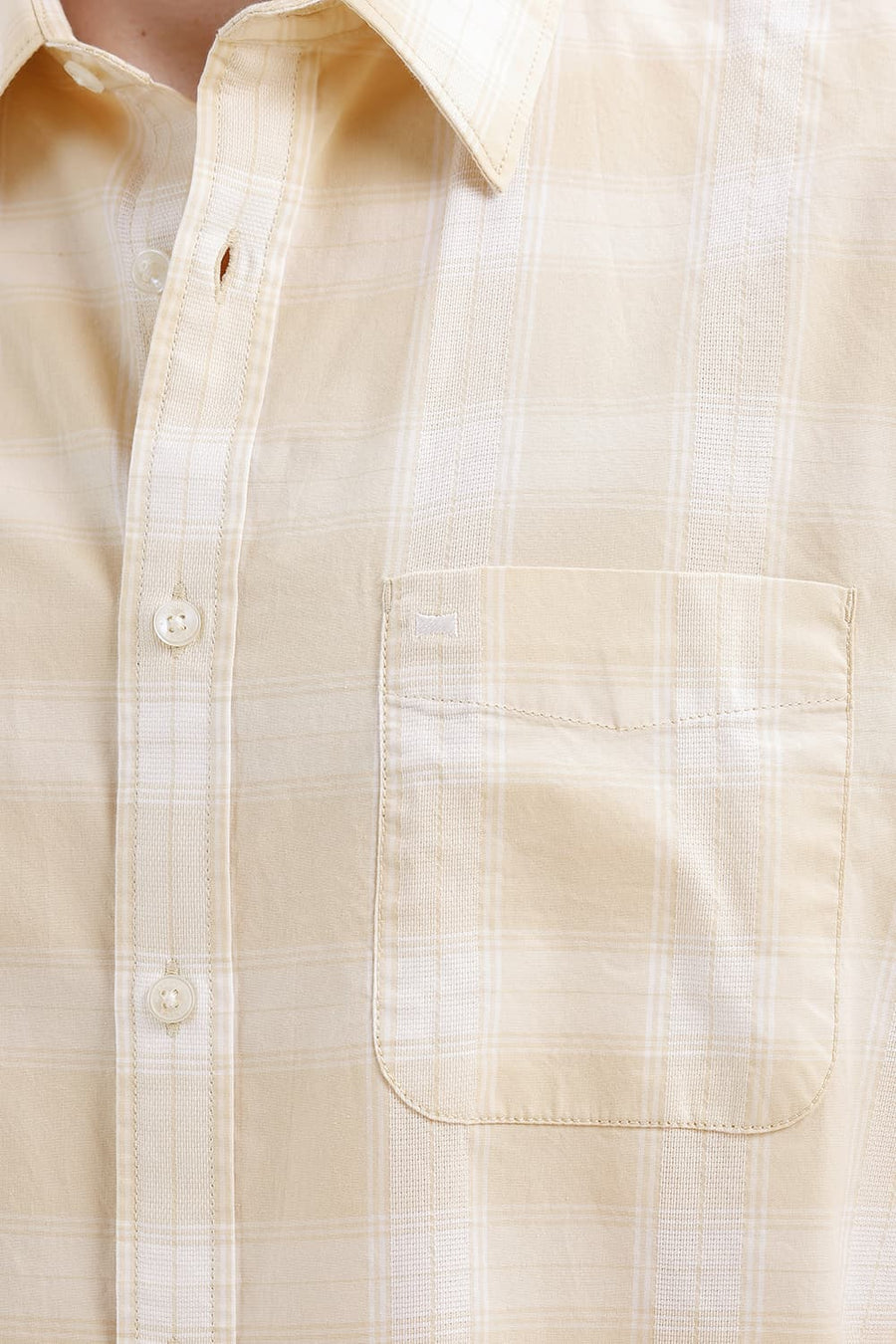 BASICS SLIM FIT BEIGE MIST COTTON DOBBY CHECKS HALFSLEEVES SHIRT