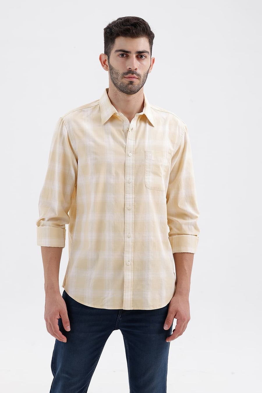 BASICS SLIM FIT BEIGE MIST COTTON DOBBY CHECKS SHIRT