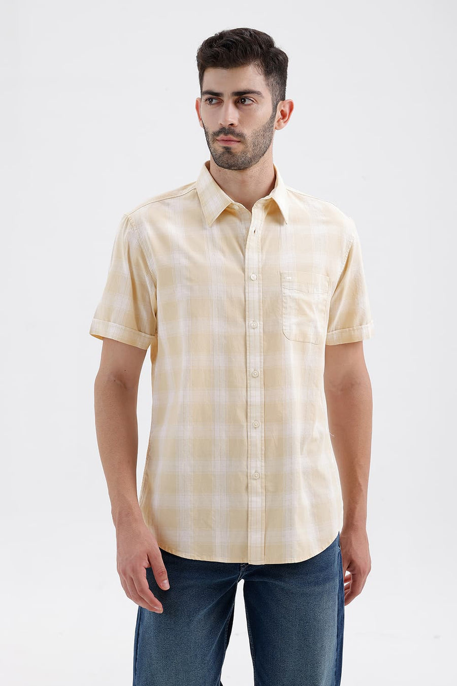 BASICS SLIM FIT BEIGE MIST COTTON DOBBY CHECKS HALFSLEEVES SHIRT