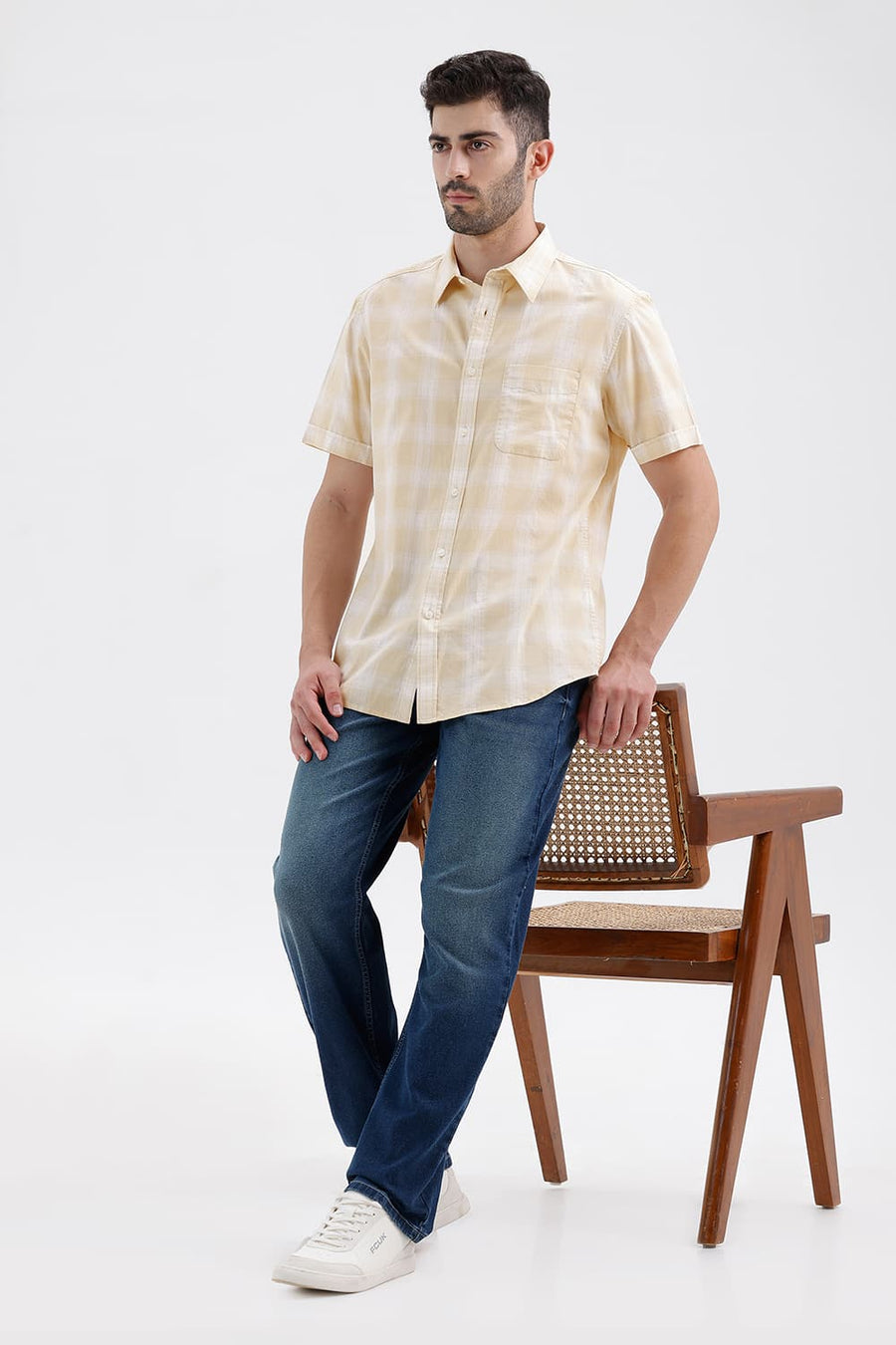BASICS SLIM FIT BEIGE MIST COTTON DOBBY CHECKS HALFSLEEVES SHIRT