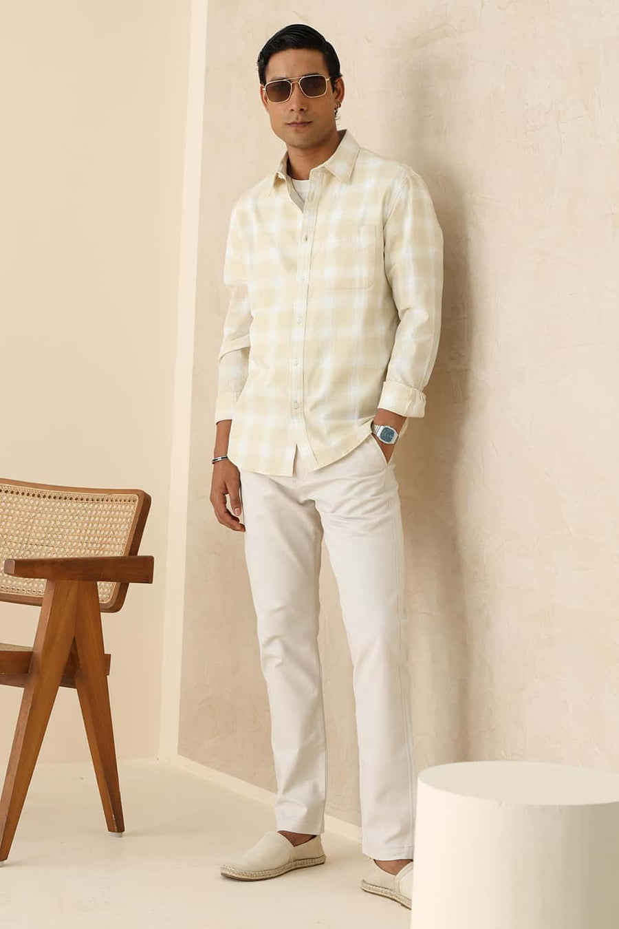 Basics Slim Fit Beige Mist Cotton Dobby Checks Shirt