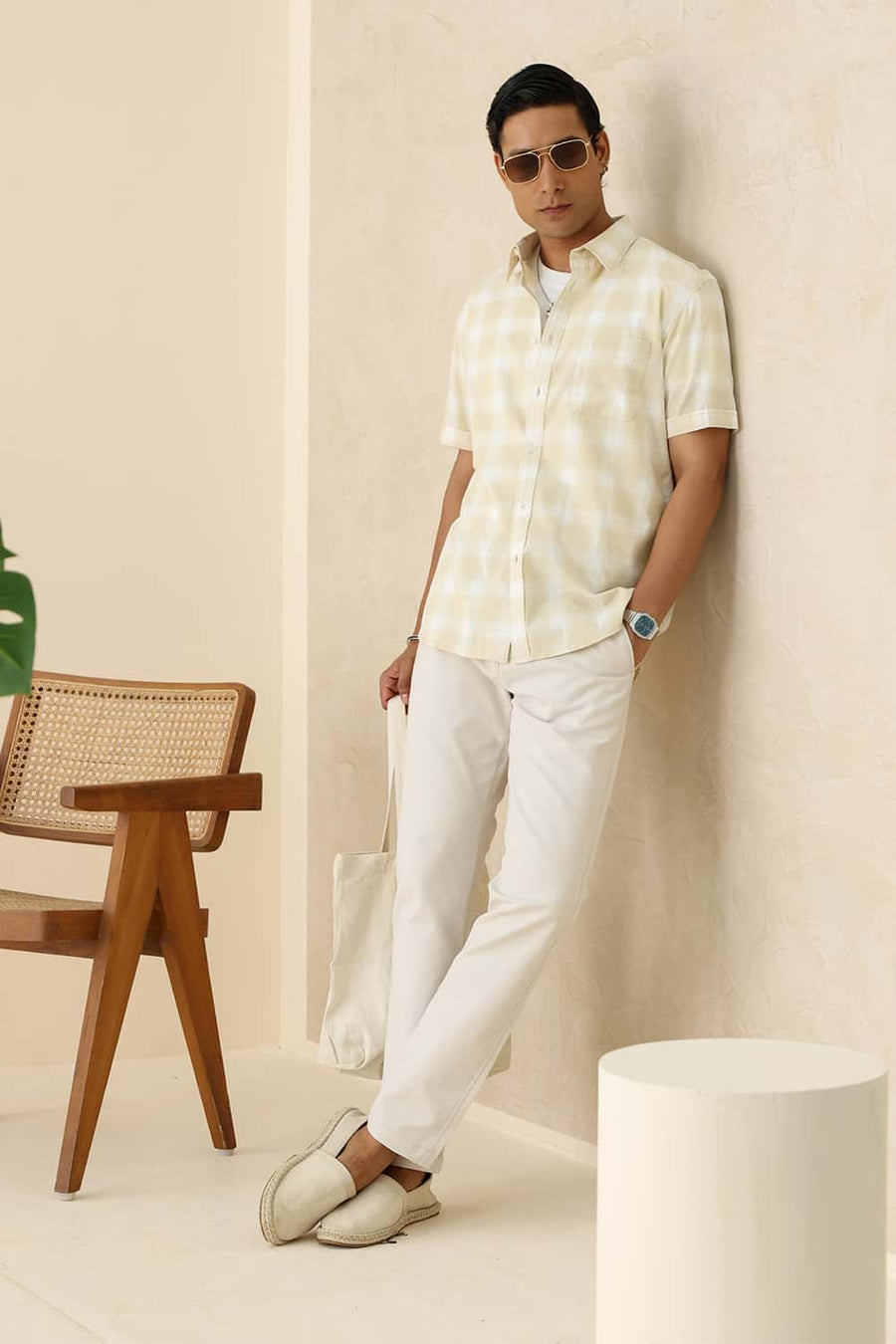 Basics Slim Fit Beige Mist Cotton Dobby Checks Halfsleeves Shirt