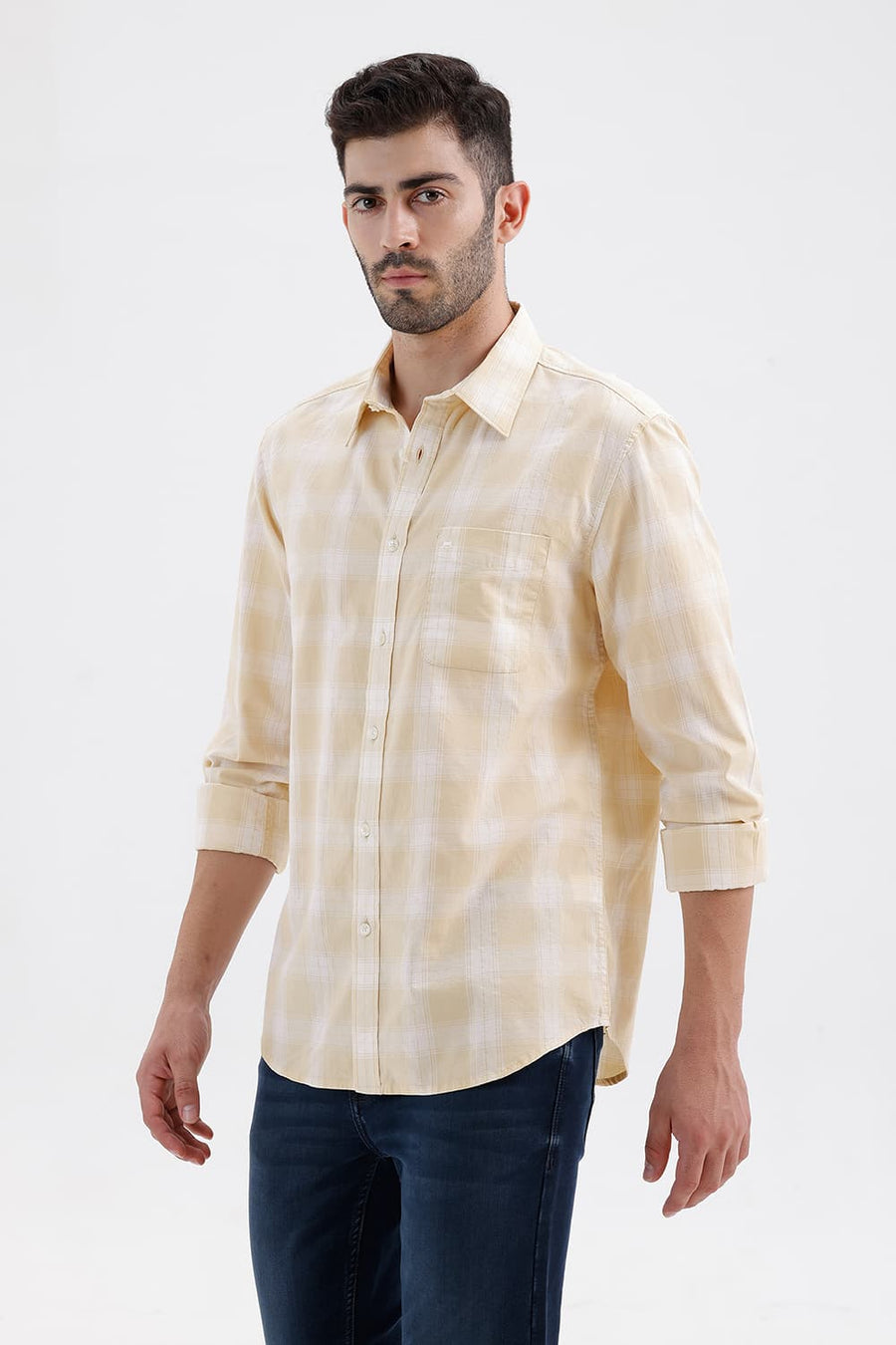 BASICS SLIM FIT BEIGE MIST COTTON DOBBY CHECKS SHIRT