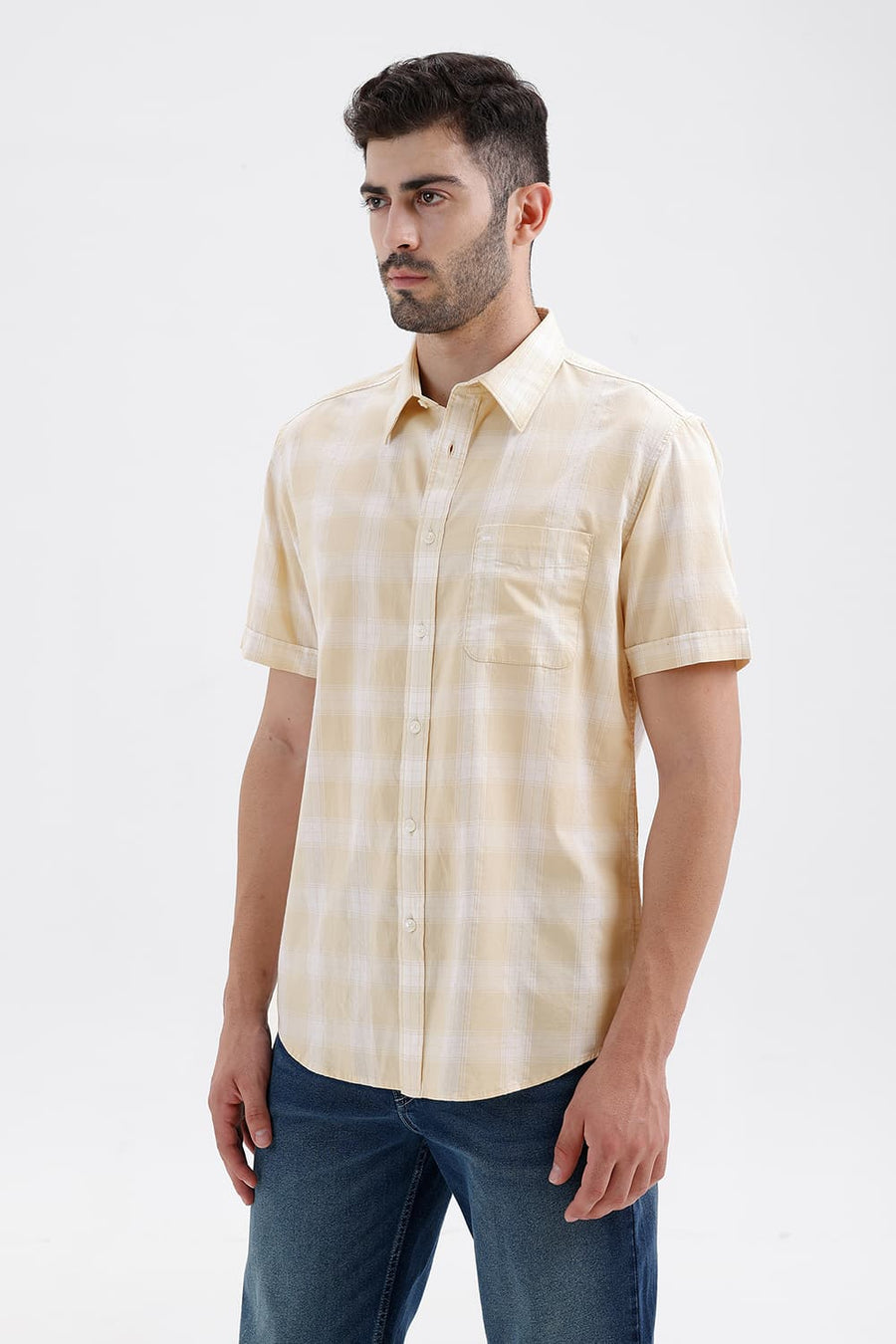 BASICS SLIM FIT BEIGE MIST COTTON DOBBY CHECKS HALFSLEEVES SHIRT