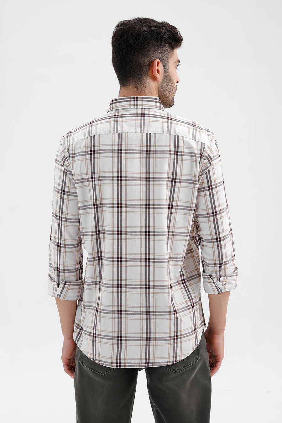 BASICS SLIM FIT CLOUD ECRU COTTON DOBBY CHECKS SHIRT