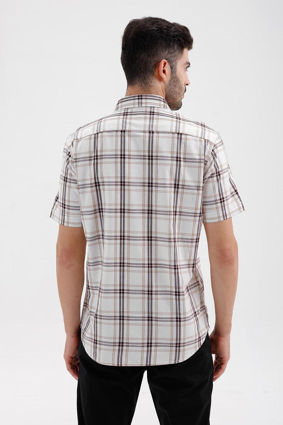 BASICS SLIM FIT CLOUD ECRU COTTON DOBBY CHECKS HALFSLEEVES SHIRT