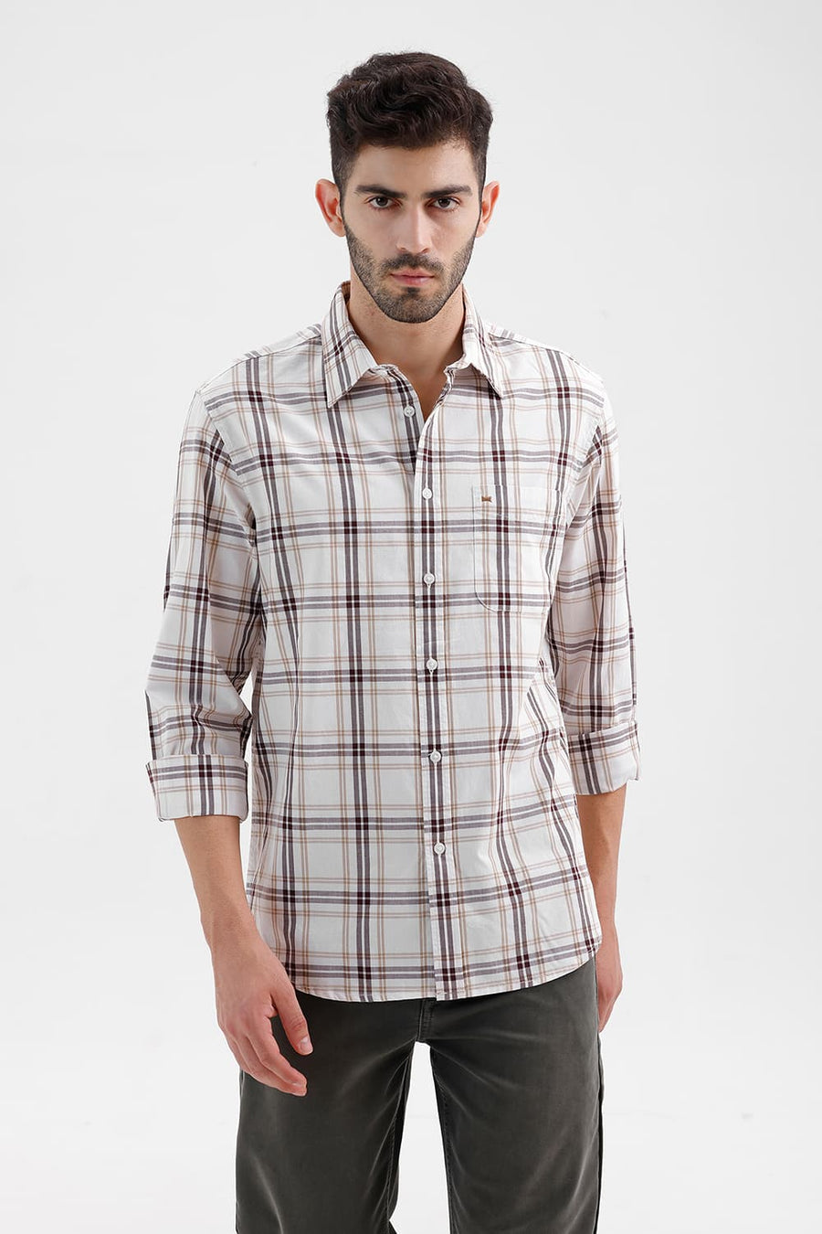 BASICS SLIM FIT CLOUD ECRU COTTON DOBBY CHECKS SHIRT
