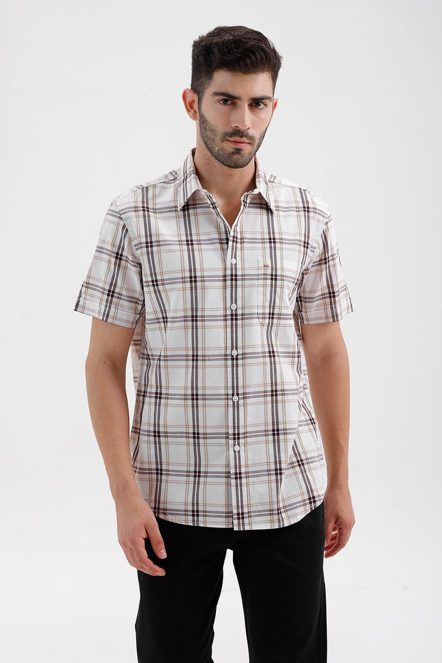 BASICS SLIM FIT CLOUD ECRU COTTON DOBBY CHECKS HALFSLEEVES SHIRT