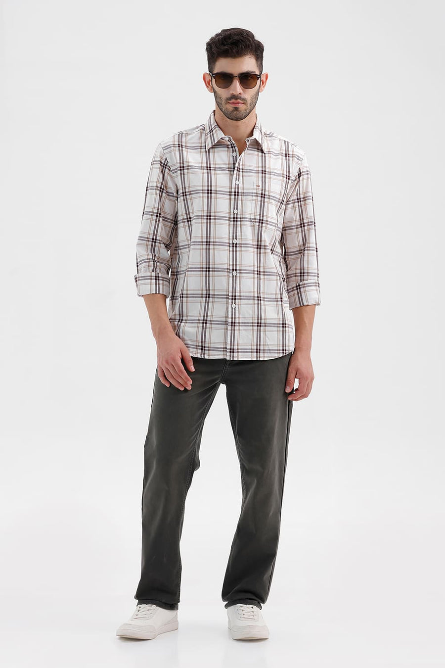 BASICS SLIM FIT CLOUD ECRU COTTON DOBBY CHECKS SHIRT