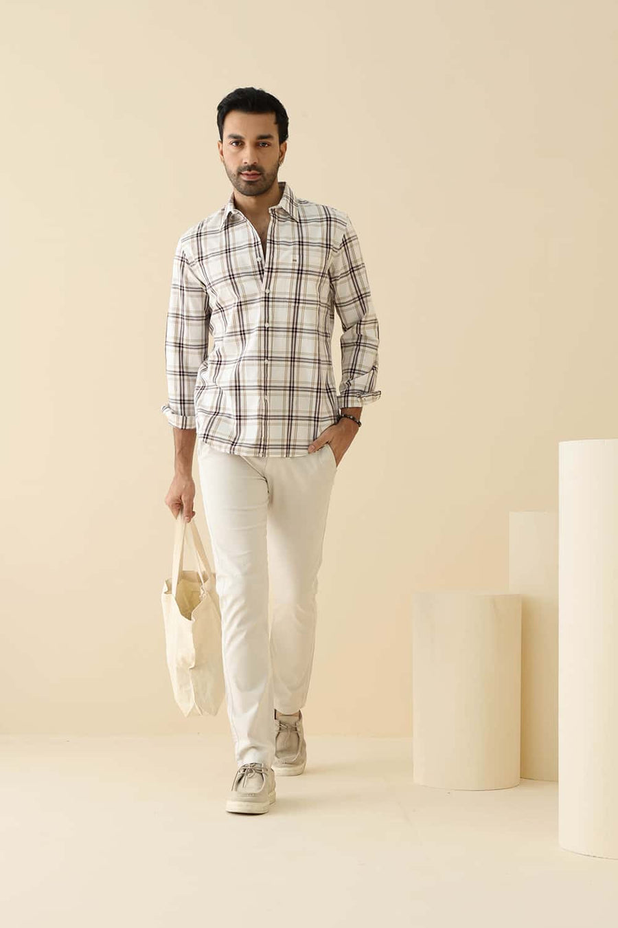 Basics Slim Fit Cloud Ecru Cotton Dobby Checks Shirt