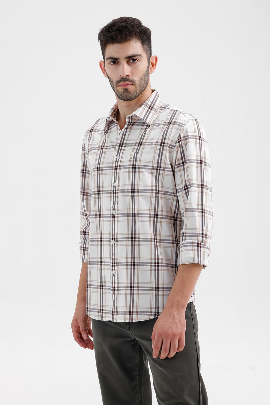 BASICS SLIM FIT CLOUD ECRU COTTON DOBBY CHECKS SHIRT