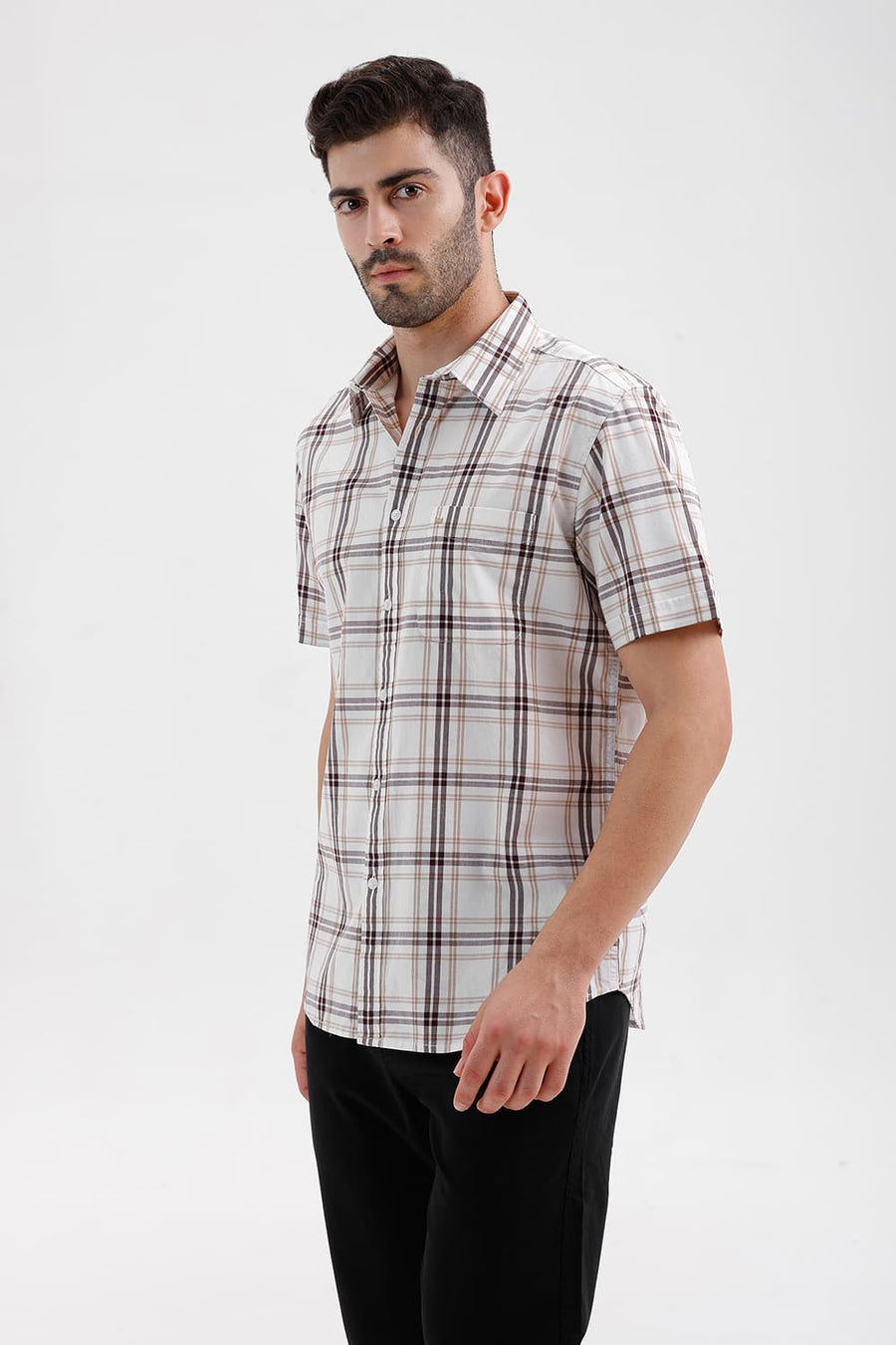 BASICS SLIM FIT CLOUD ECRU COTTON DOBBY CHECKS HALFSLEEVES SHIRT
