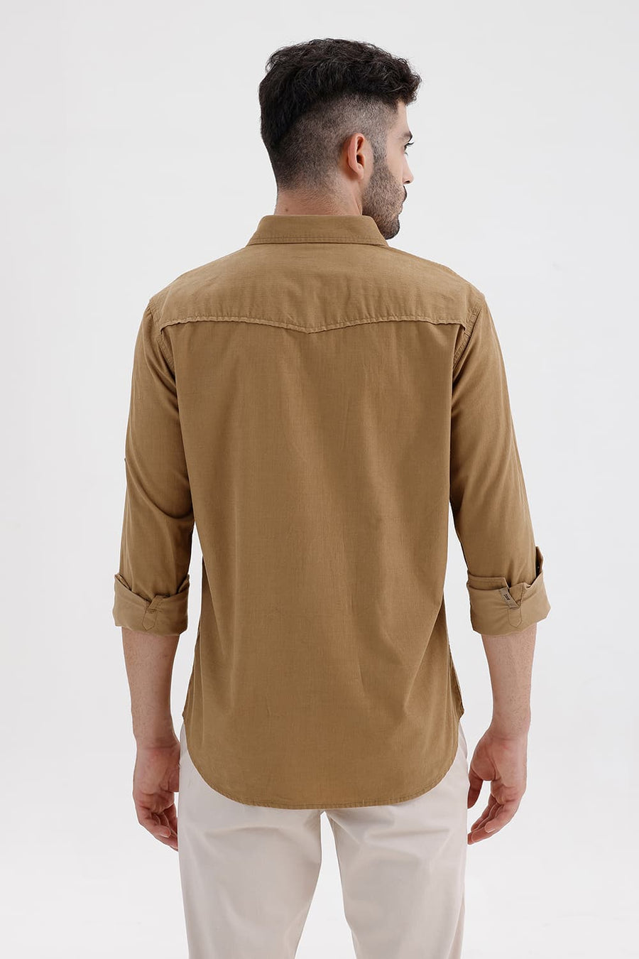 BASICS SLIM FIT TIGER BEIGE COTTON CORDUROY SHIRT