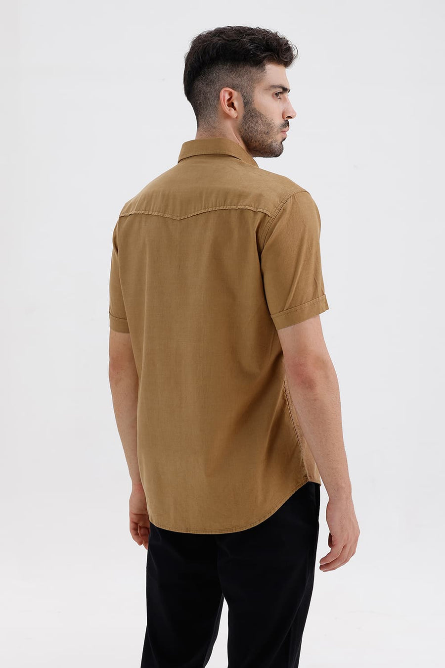 BASICS SLIM FIT TIGER BEIGE COTTON CORDUROY HALFSLEEVES SHIRT