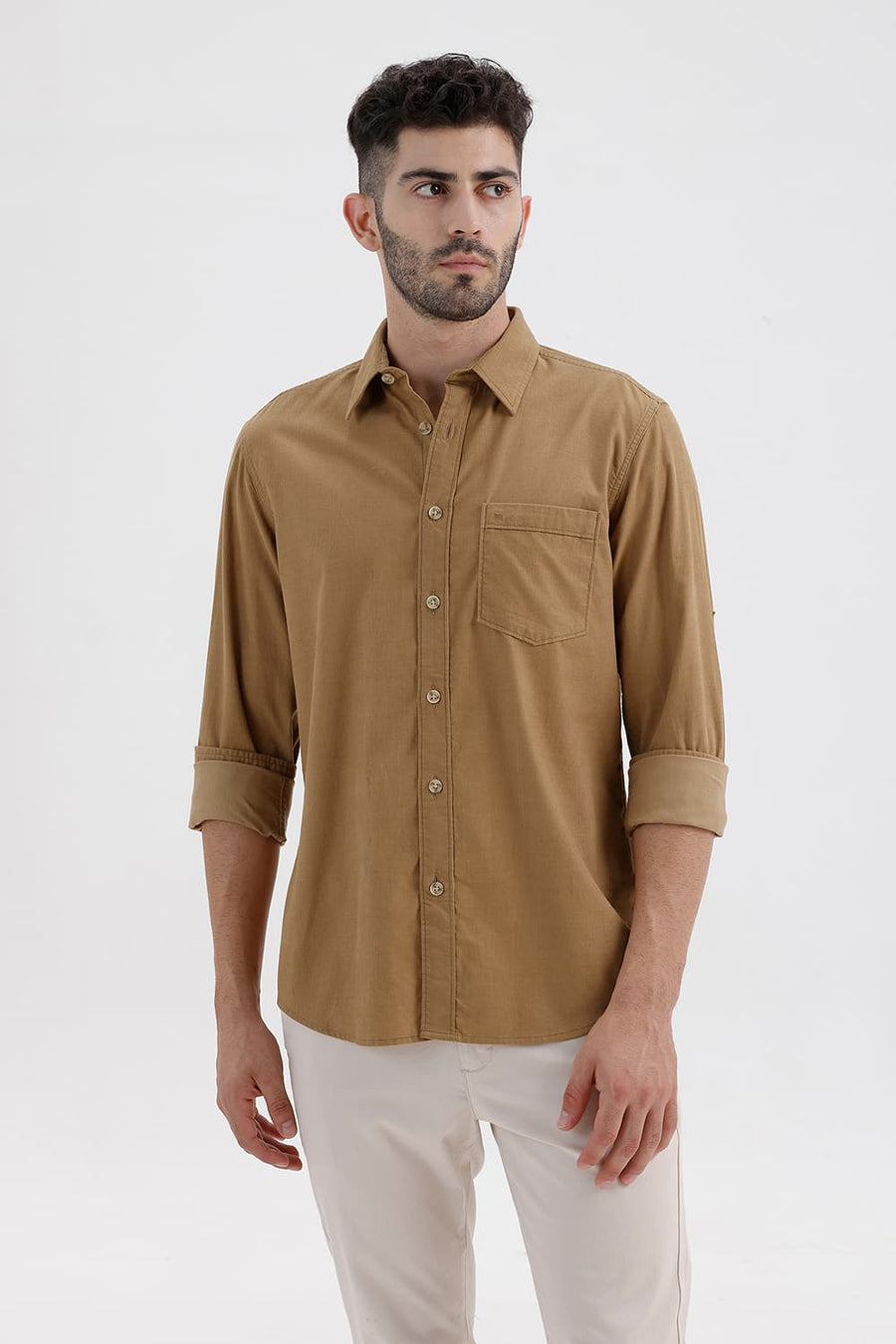 BASICS SLIM FIT TIGER BEIGE COTTON CORDUROY SHIRT