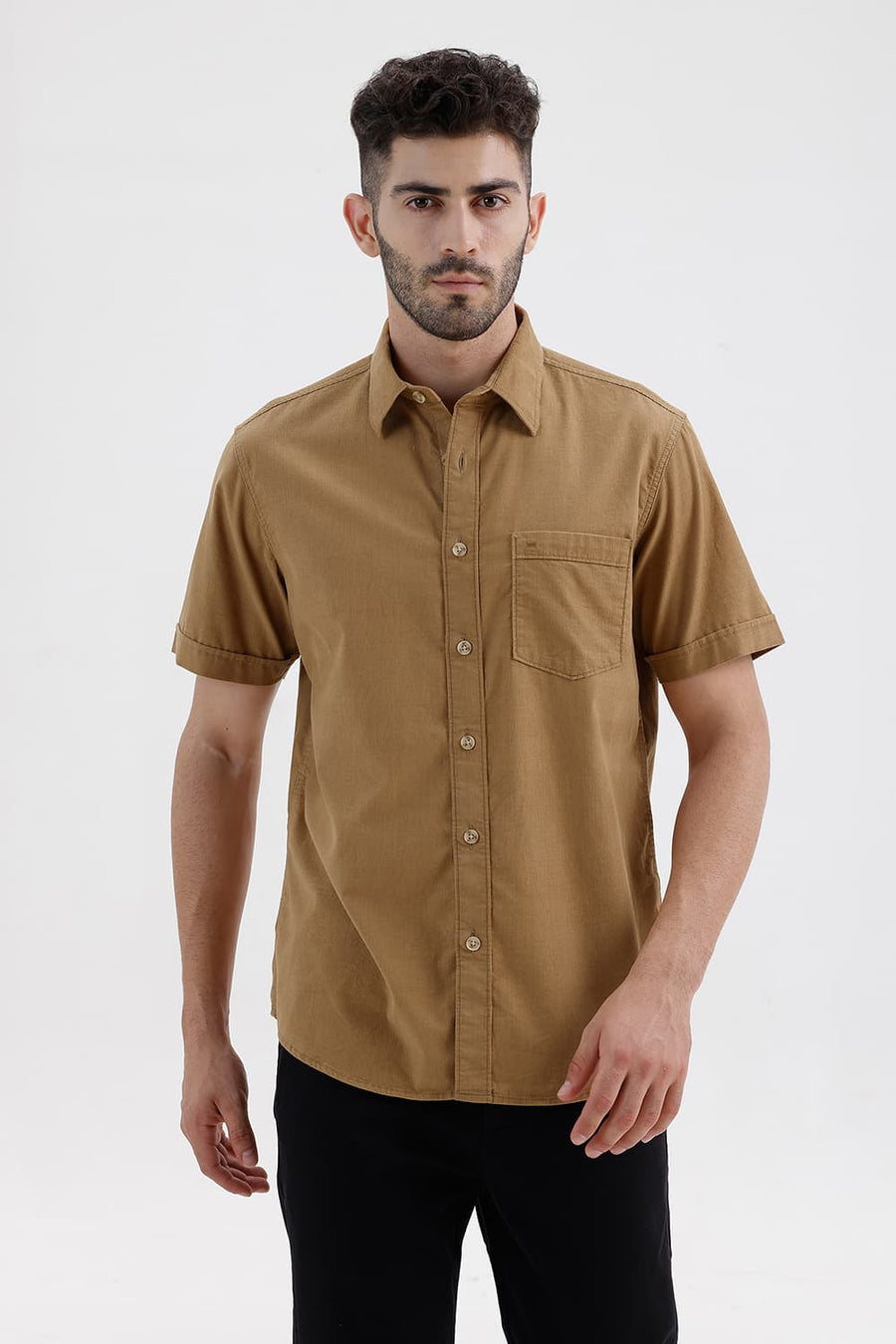 BASICS SLIM FIT TIGER BEIGE COTTON CORDUROY HALFSLEEVES SHIRT