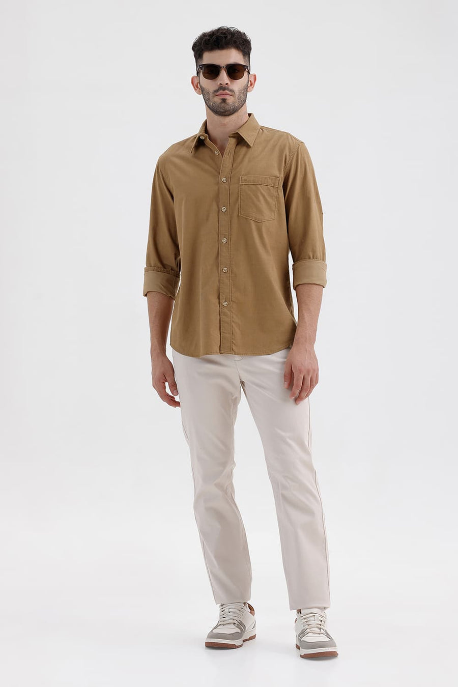 BASICS SLIM FIT TIGER BEIGE COTTON CORDUROY SHIRT