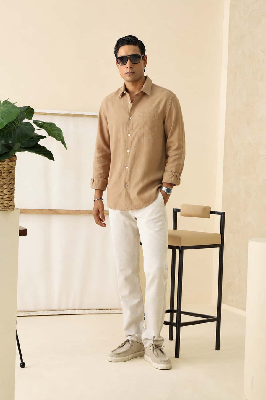 Basics Slim Fit Tiger Beige Cotton Corduroy Shirt