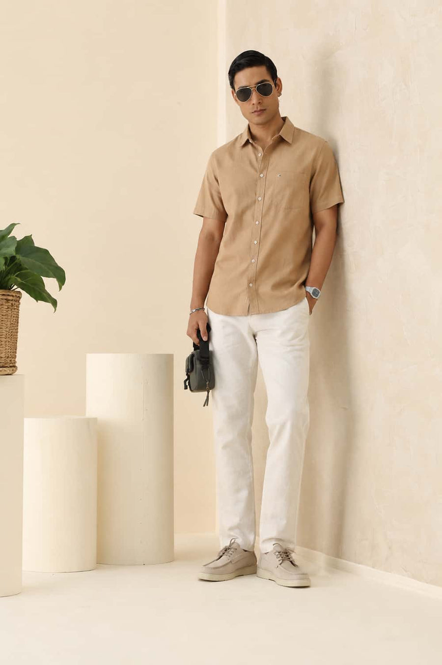 Basics Slim Fit Tiger Beige Cotton Corduroy Halfsleeves Shirt