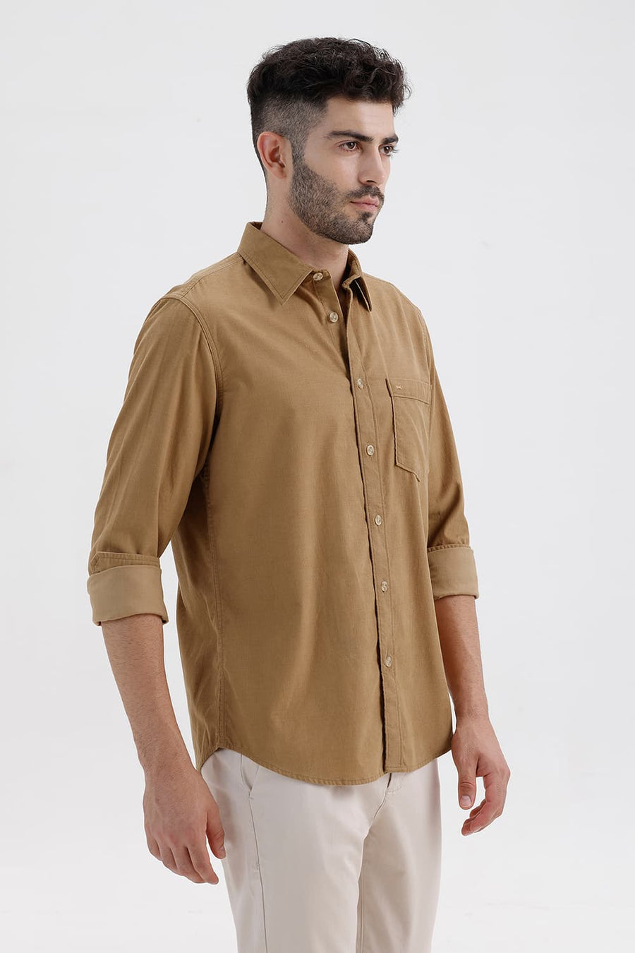 BASICS SLIM FIT TIGER BEIGE COTTON CORDUROY SHIRT