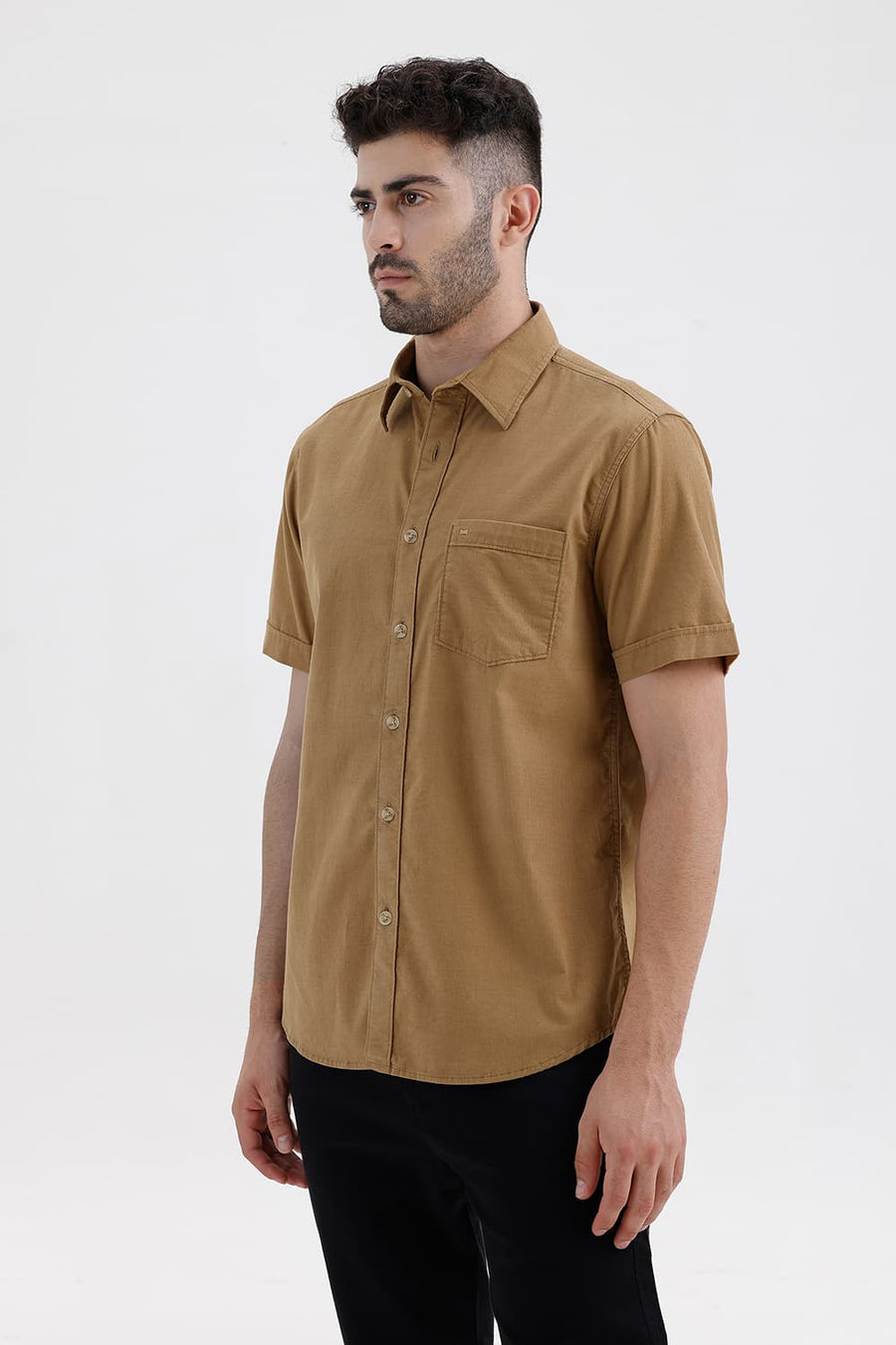 BASICS SLIM FIT TIGER BEIGE COTTON CORDUROY HALFSLEEVES SHIRT