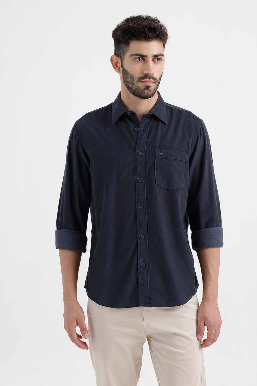 BASICS SLIM FIT SEA TEAL COTTON CORDUROY SHIRT