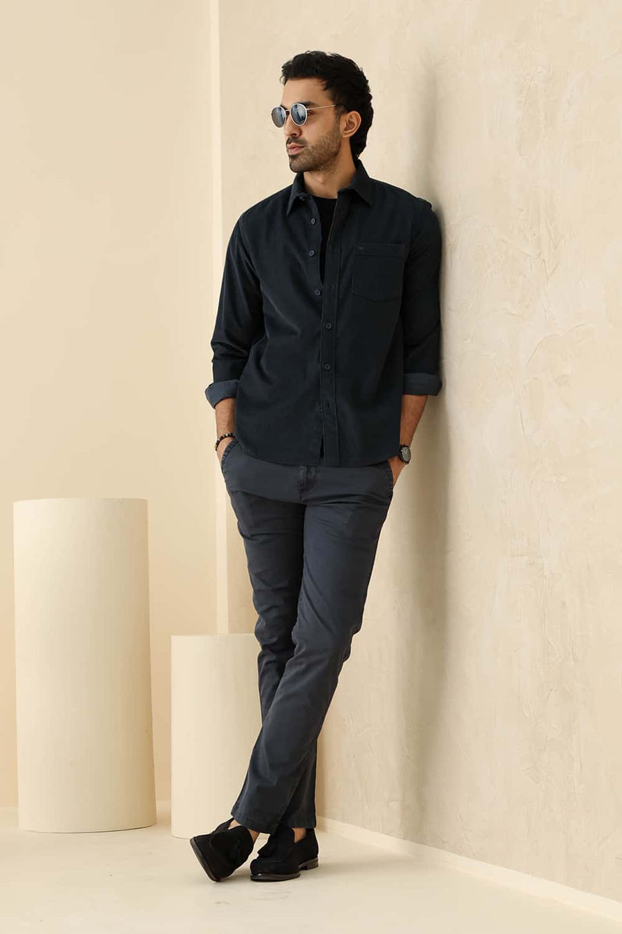 Basics Slim Fit Sea Teal Cotton Corduroy Shirt
