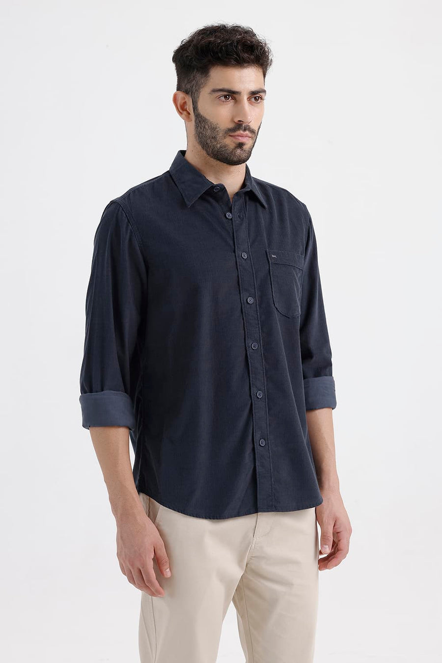 BASICS SLIM FIT SEA TEAL COTTON CORDUROY SHIRT