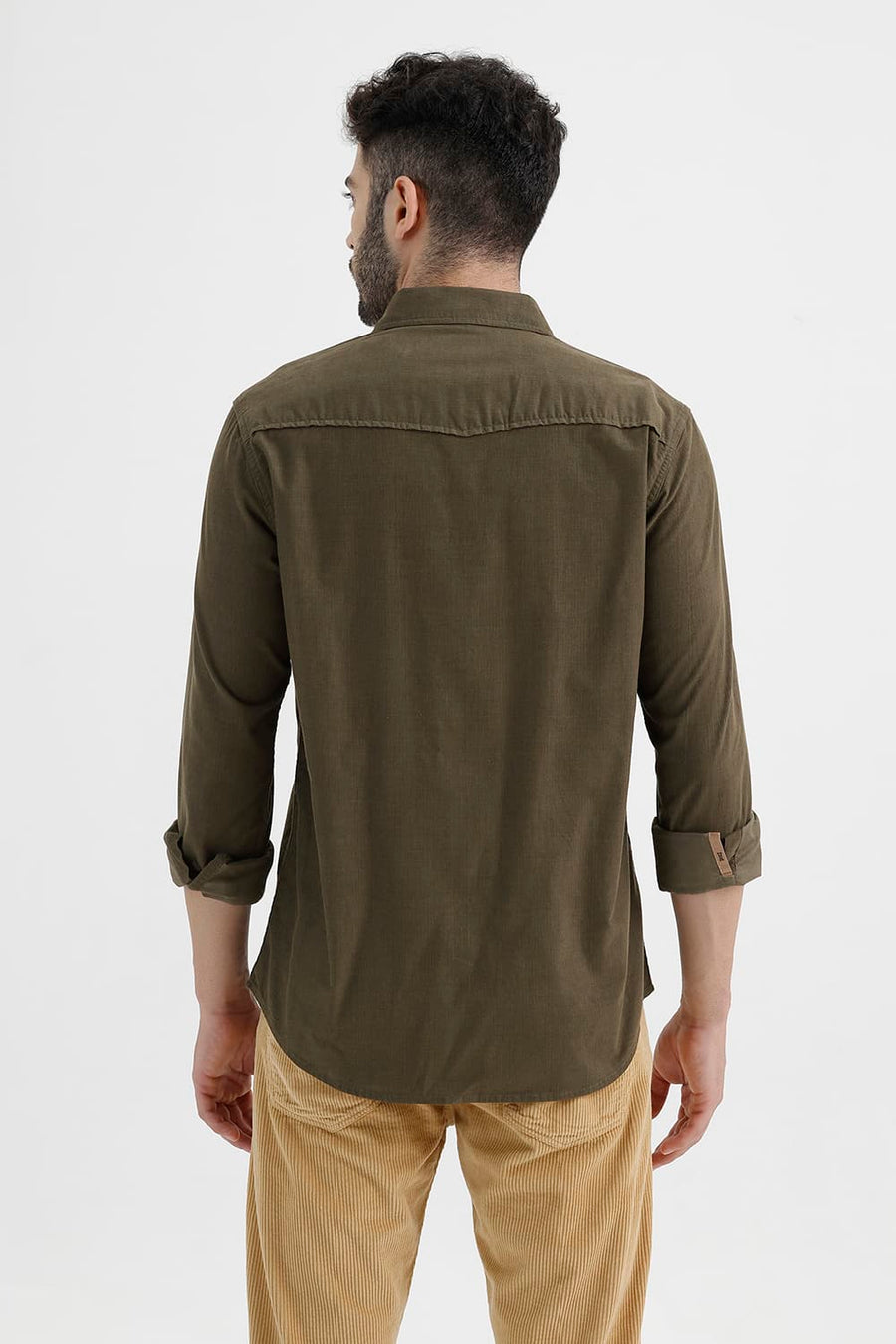 BASICS SLIM FIT DEEP GREEN COTTON CORDUROY SHIRT