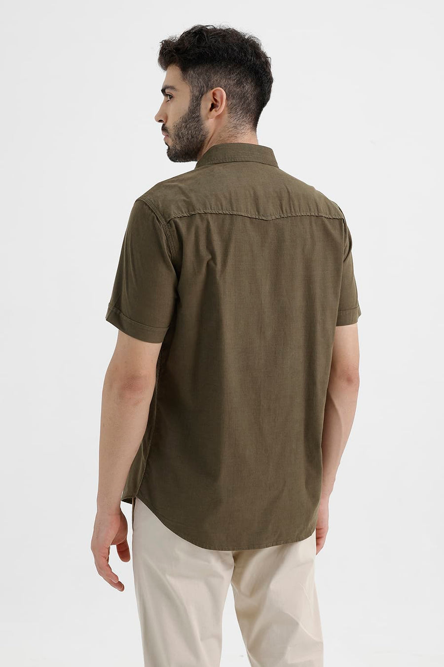 BASICS SLIM FIT DEEP GREEN COTTON CORDUROY HALFSLEEVES SHIRT