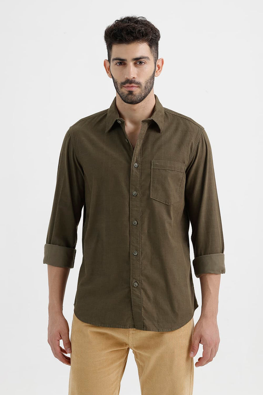 BASICS SLIM FIT DEEP GREEN COTTON CORDUROY SHIRT