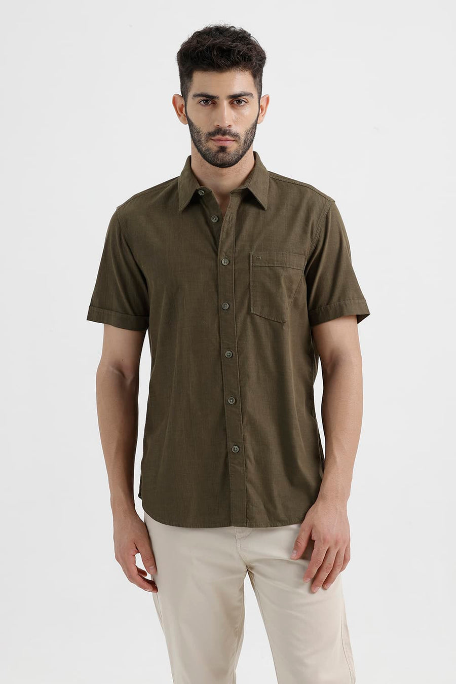 BASICS SLIM FIT DEEP GREEN COTTON CORDUROY HALFSLEEVES SHIRT