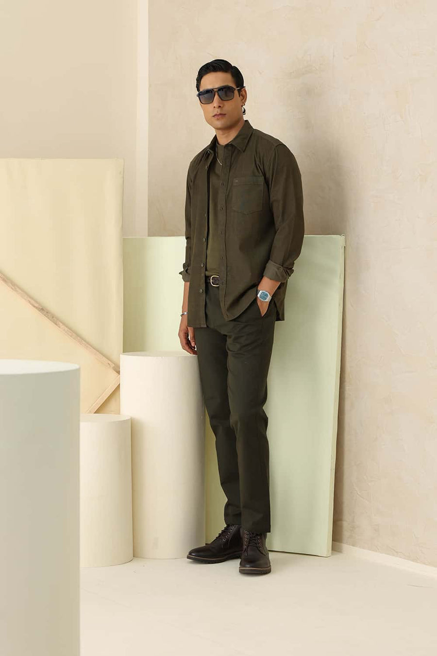 Basics Slim Fit Deep Green Cotton Corduroy Shirt