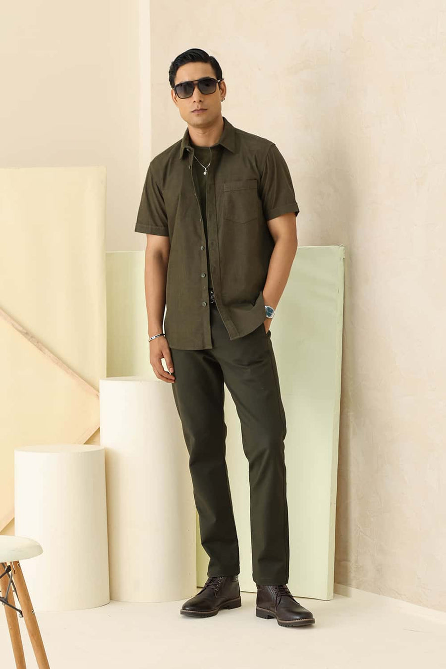 Basics Slim Fit Deep Green Cotton Corduroy Halfsleeves Shirt