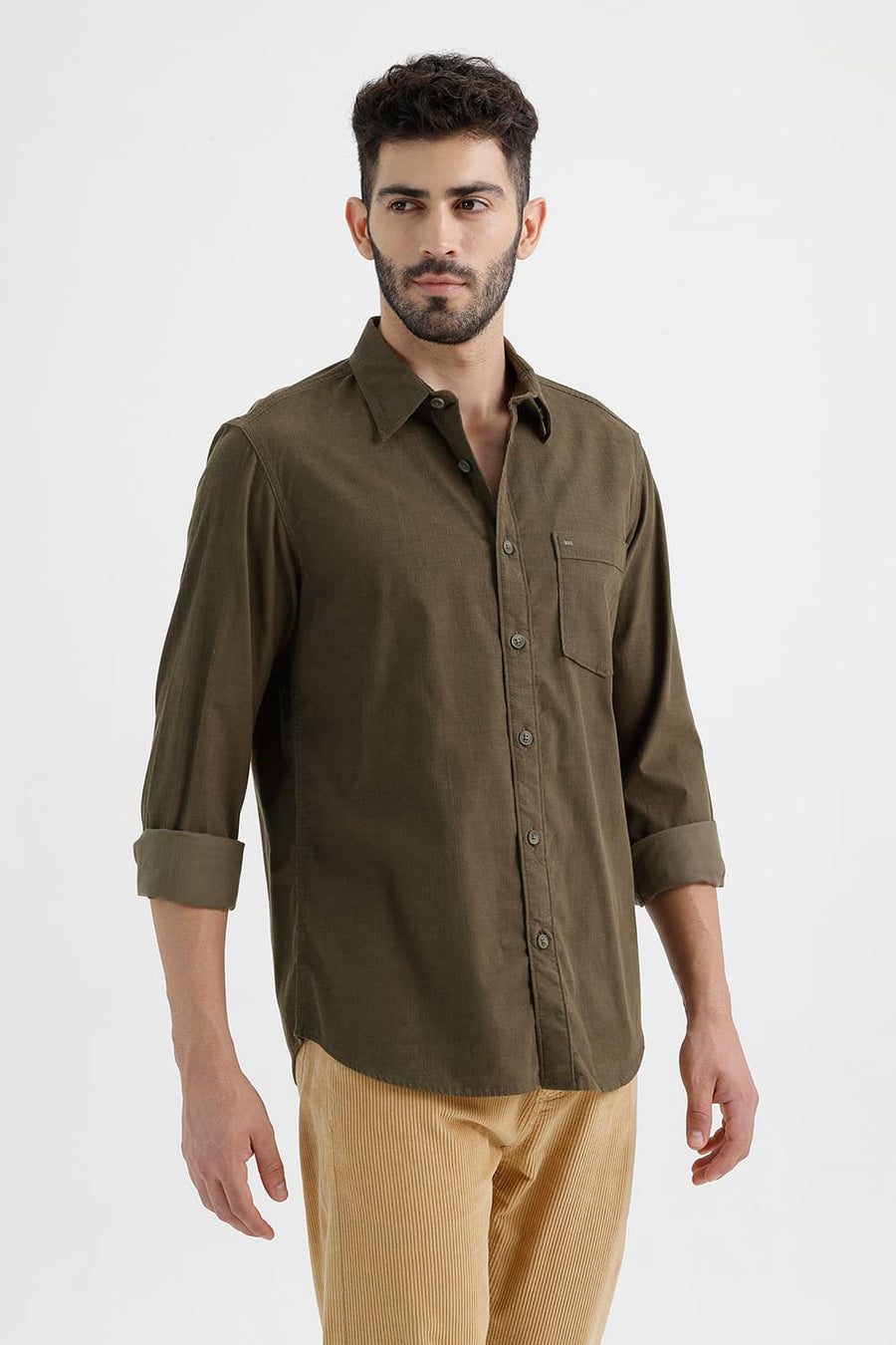 BASICS SLIM FIT DEEP GREEN COTTON CORDUROY SHIRT