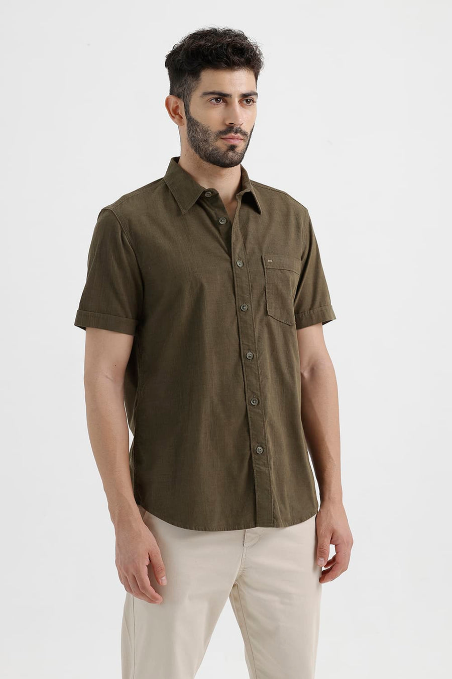 BASICS SLIM FIT DEEP GREEN COTTON CORDUROY HALFSLEEVES SHIRT