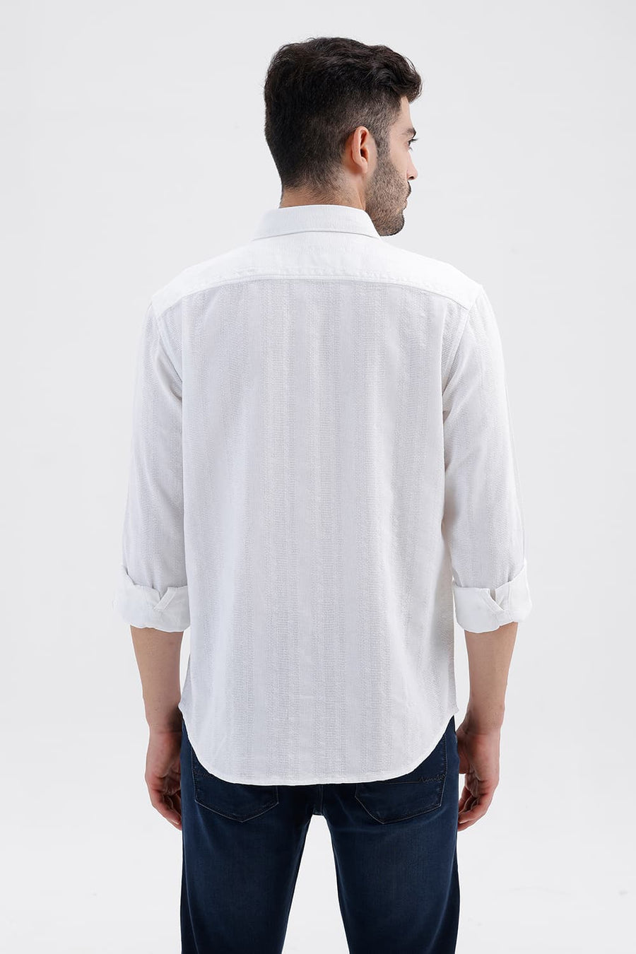 BASICS SLIM FIT CLOUD WHITE COTTON LENO DOBBY SHIRT