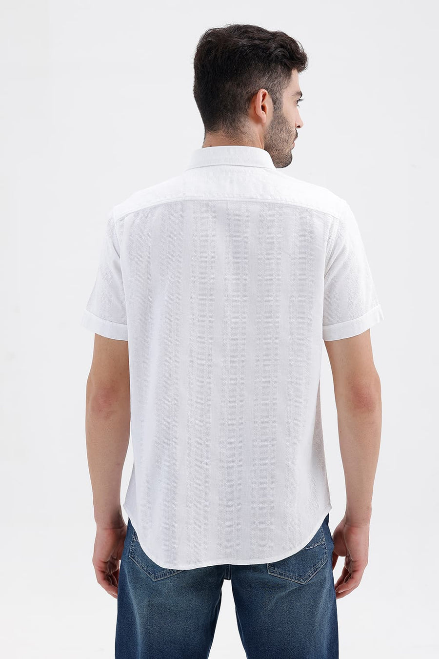 BASICS SLIM FIT CLOUD WHITE COTTON LENO DOBBY HALFSLEEVES SHIRT