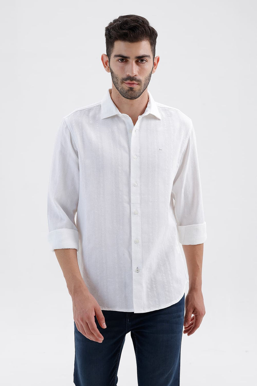 BASICS SLIM FIT CLOUD WHITE COTTON LENO DOBBY SHIRT