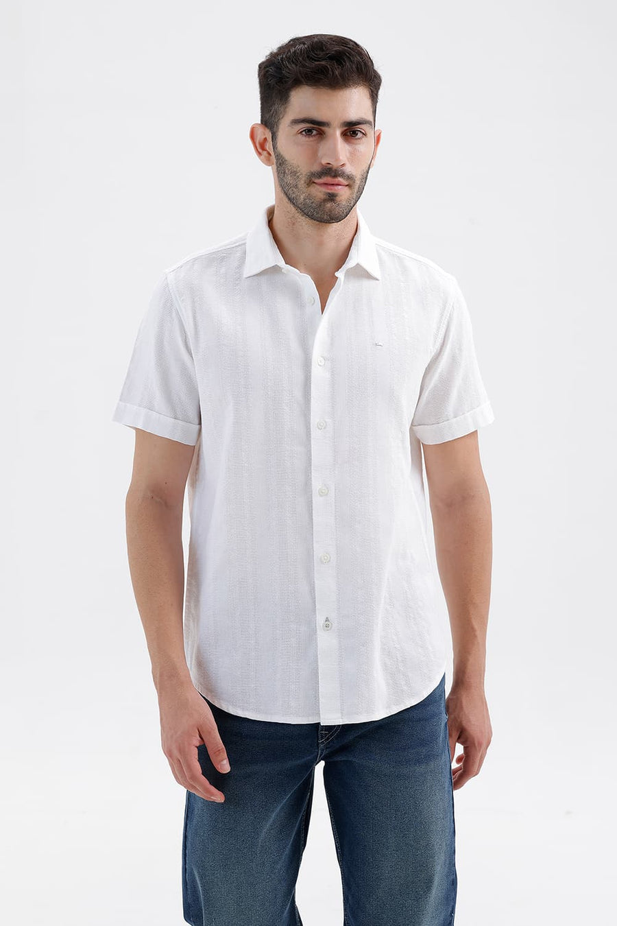 BASICS SLIM FIT CLOUD WHITE COTTON LENO DOBBY HALFSLEEVES SHIRT