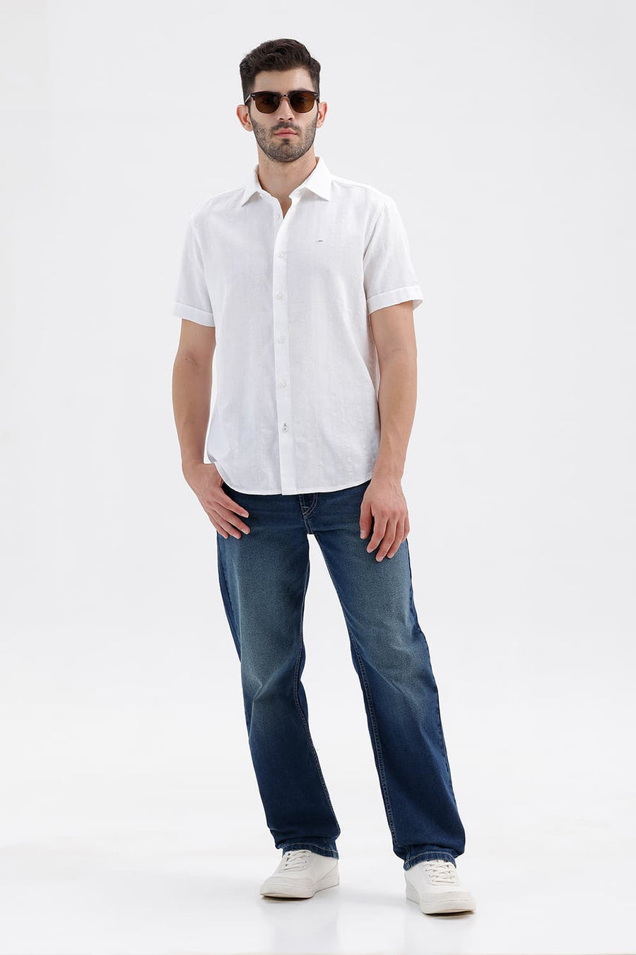 BASICS SLIM FIT CLOUD WHITE COTTON LENO DOBBY HALFSLEEVES SHIRT