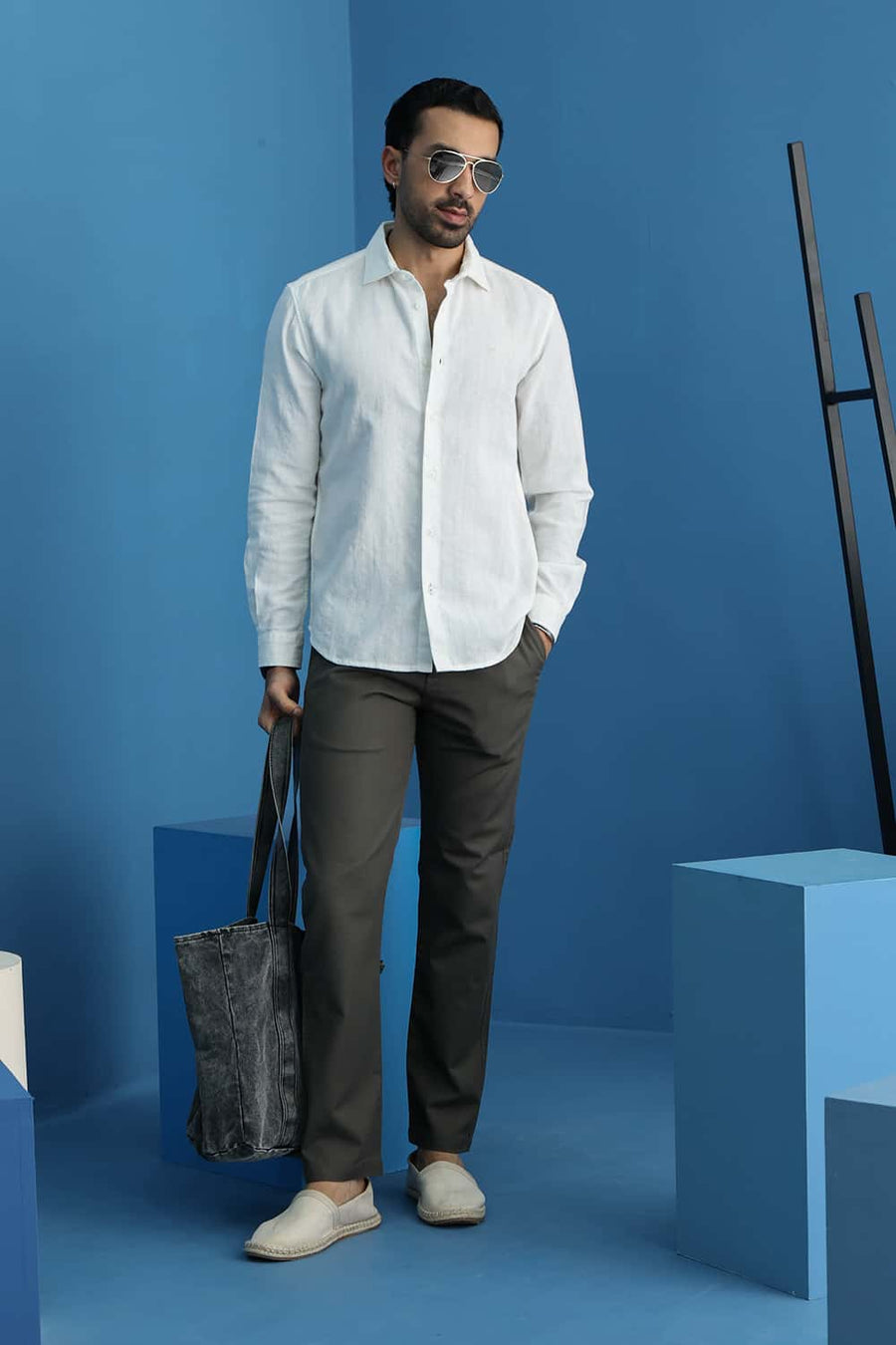 Basics Slim Fit Cloud White Cotton Leno Dobby Shirt