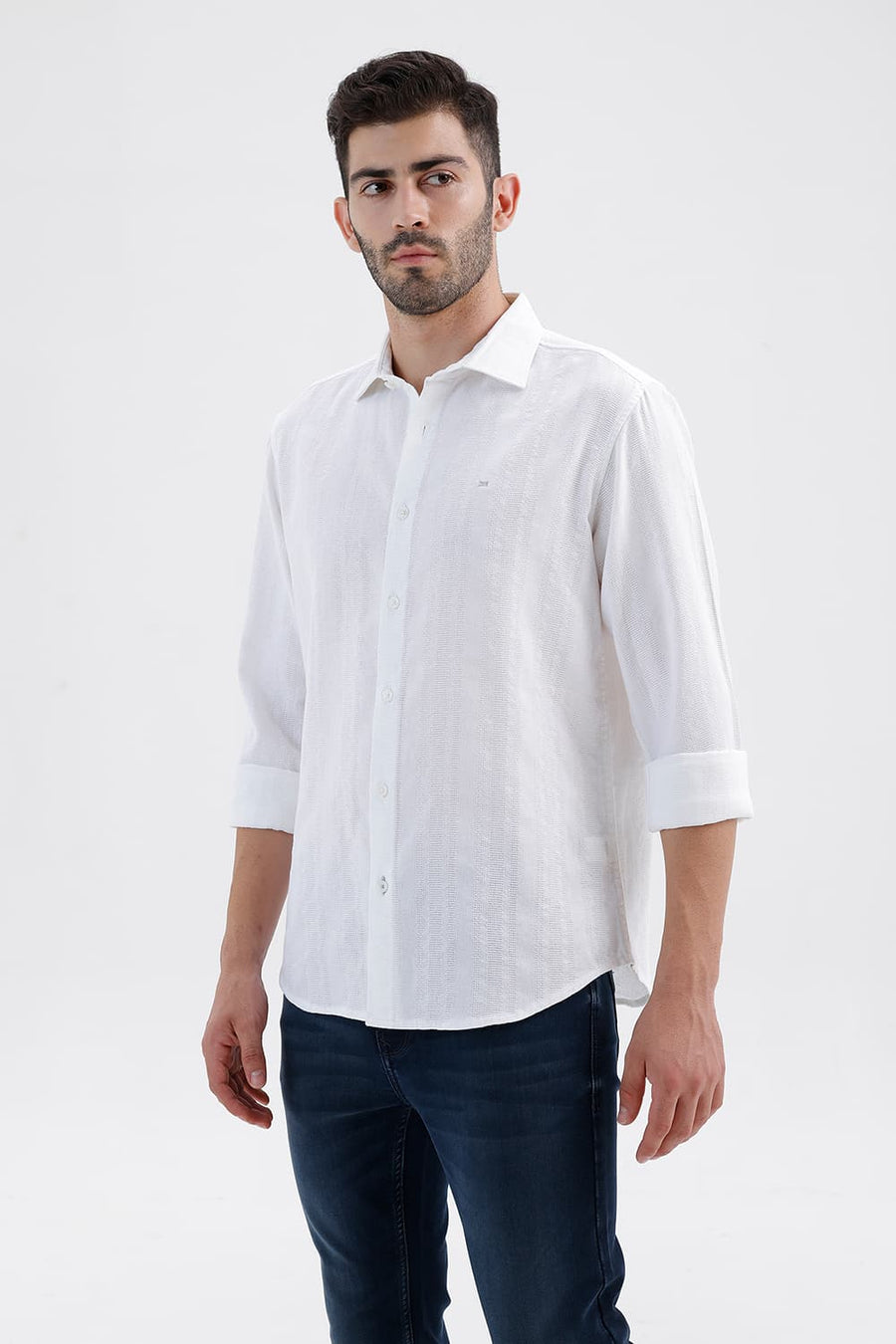 BASICS SLIM FIT CLOUD WHITE COTTON LENO DOBBY SHIRT