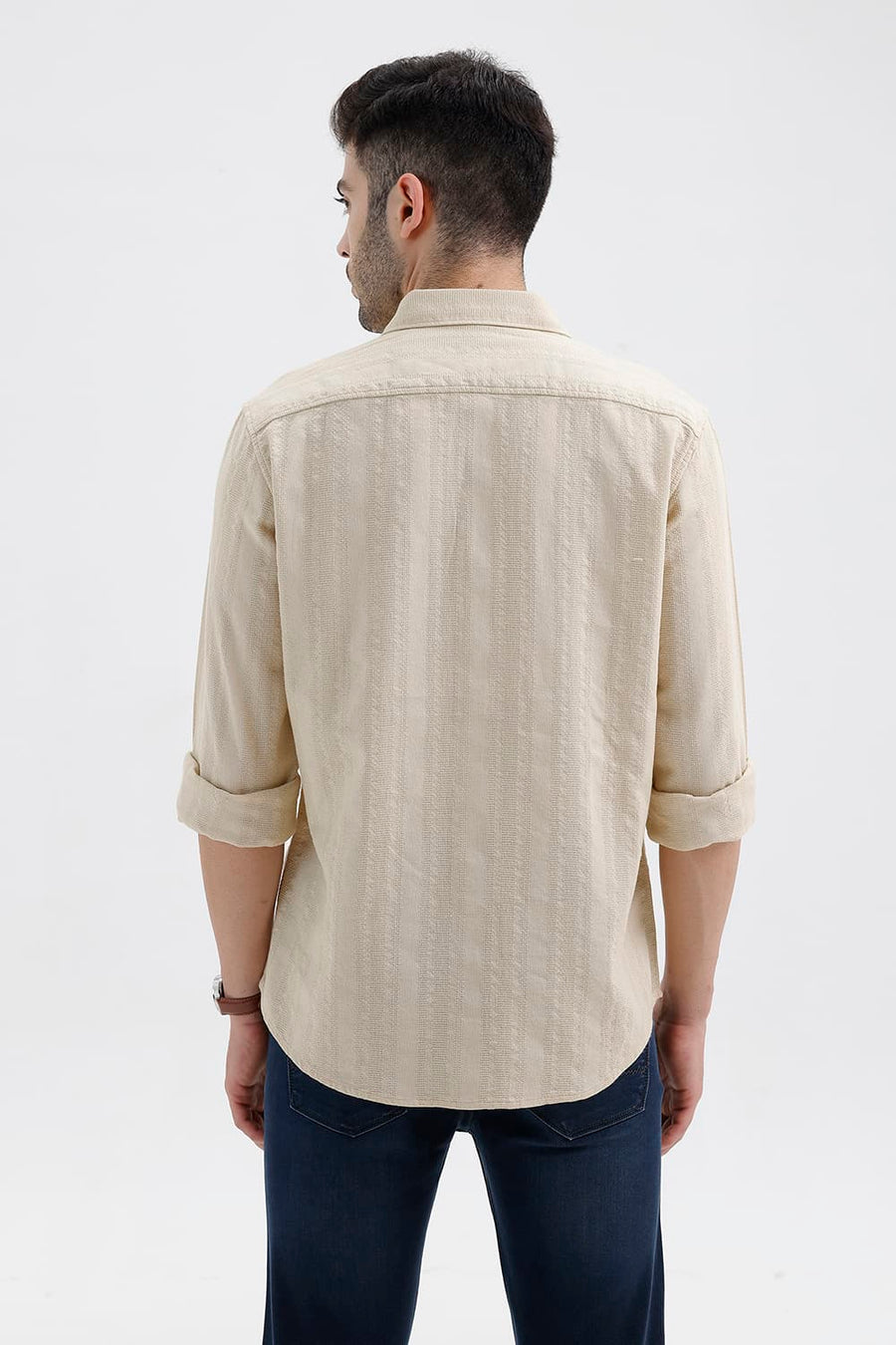 BASICS SLIM FIT BEIGE BRULEE COTTON LENO DOBBY SHIRT