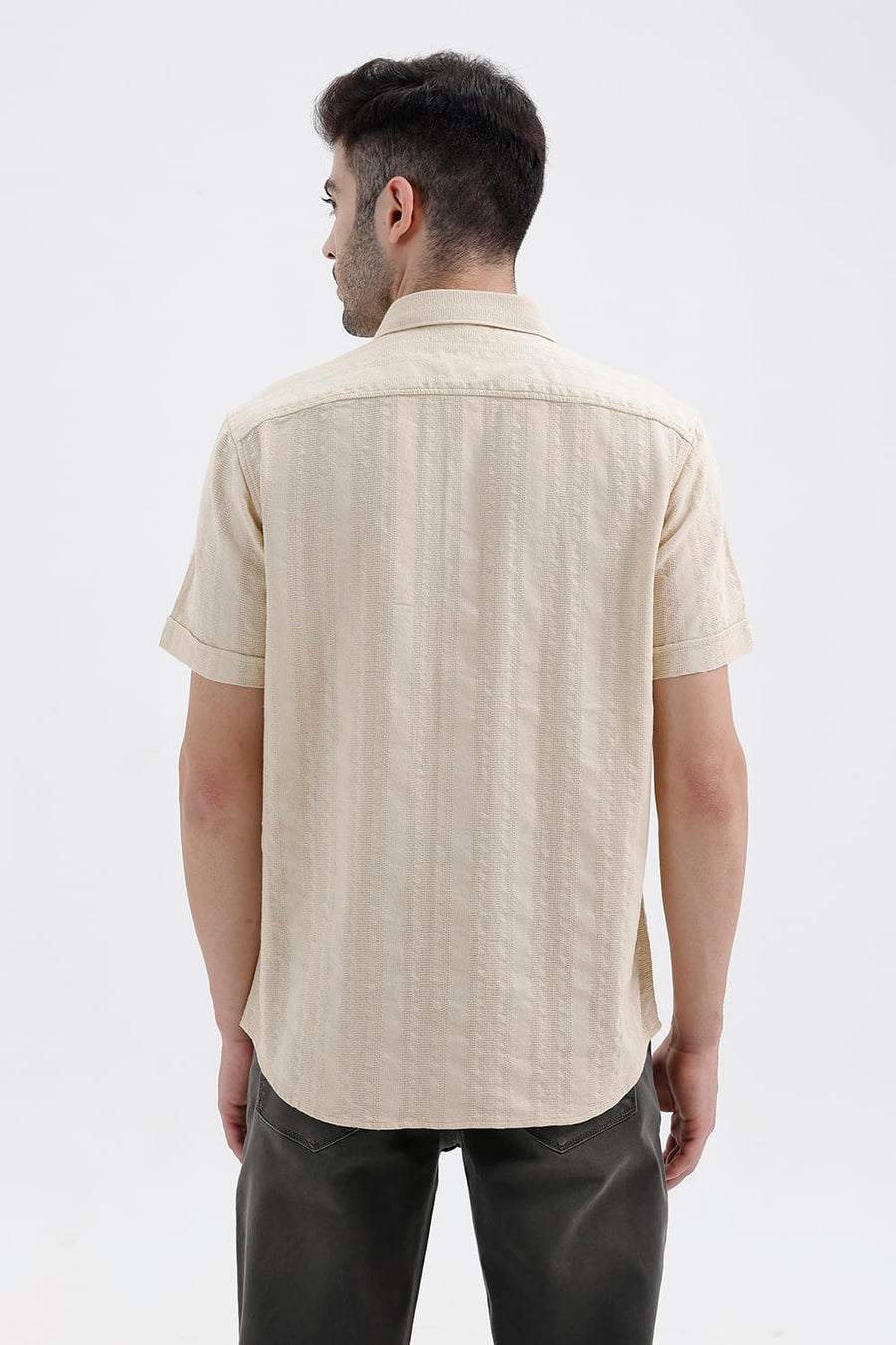 BASICS SLIM FIT BEIGE BRULEE COTTON LENO DOBBY HALFSLEEVES SHIRT
